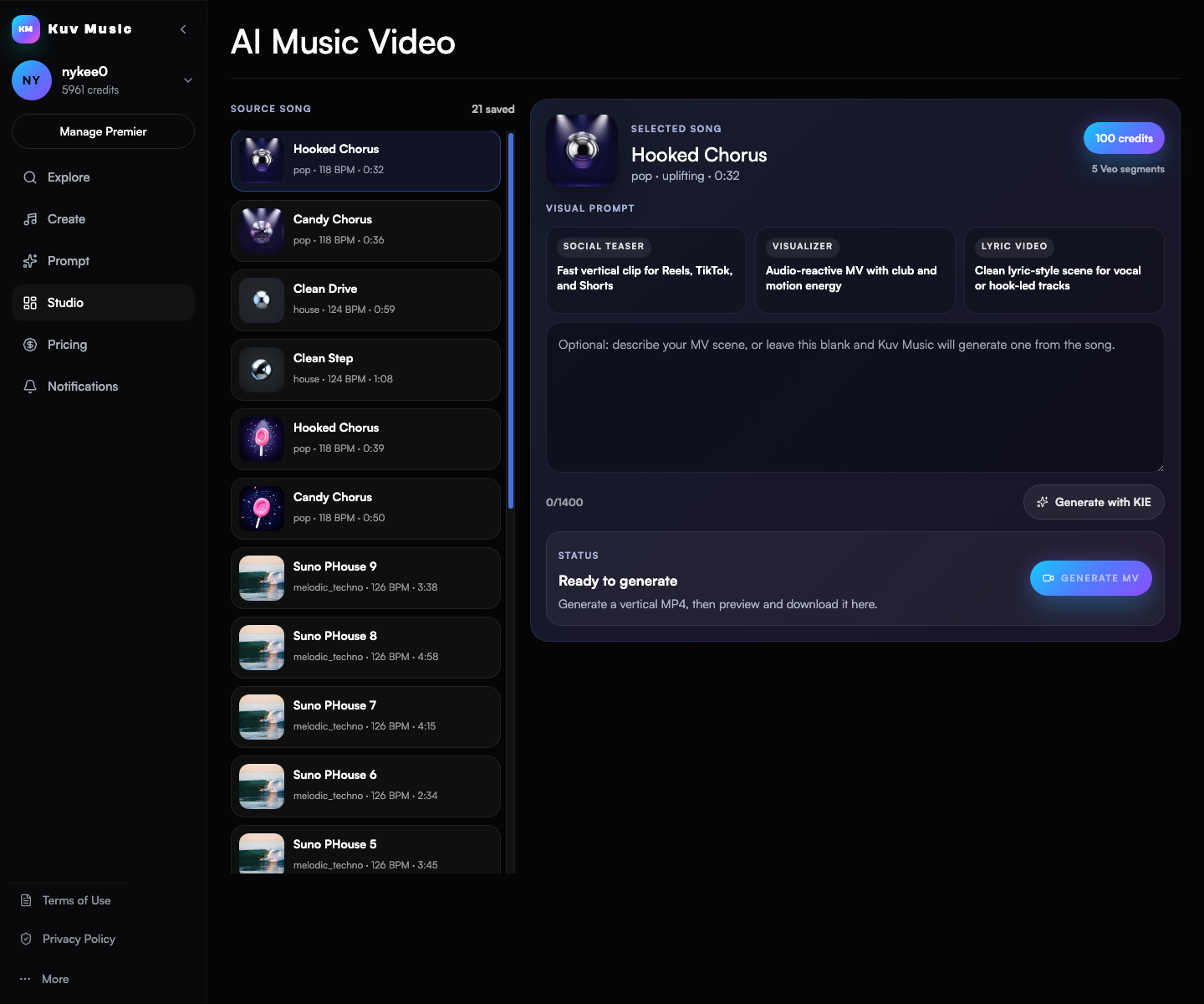 Screenshot of the AI Music Video Studio workspace showing source songs, selected song details, visual prompts, and MV generation controls.