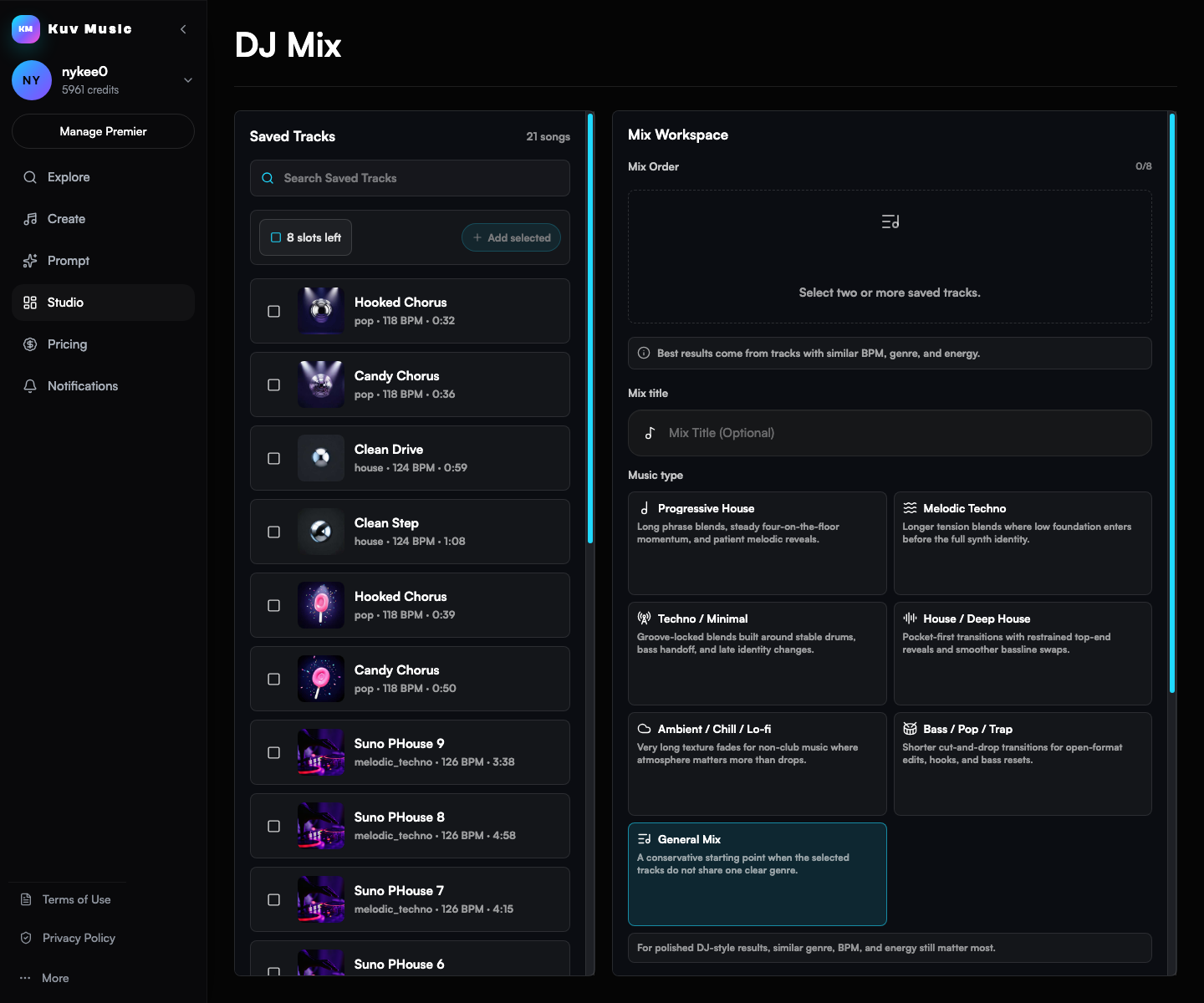 Screenshot of the AI DJ Mix Studio workspace showing saved songs, mix order, and music type controls.