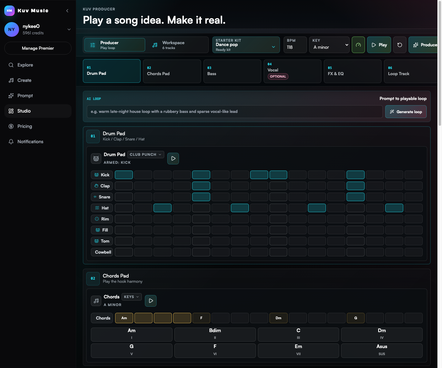 Screenshot of the Kuv Producer Studio workspace showing drum pads, chord pads, BPM, key, and playable loop controls.