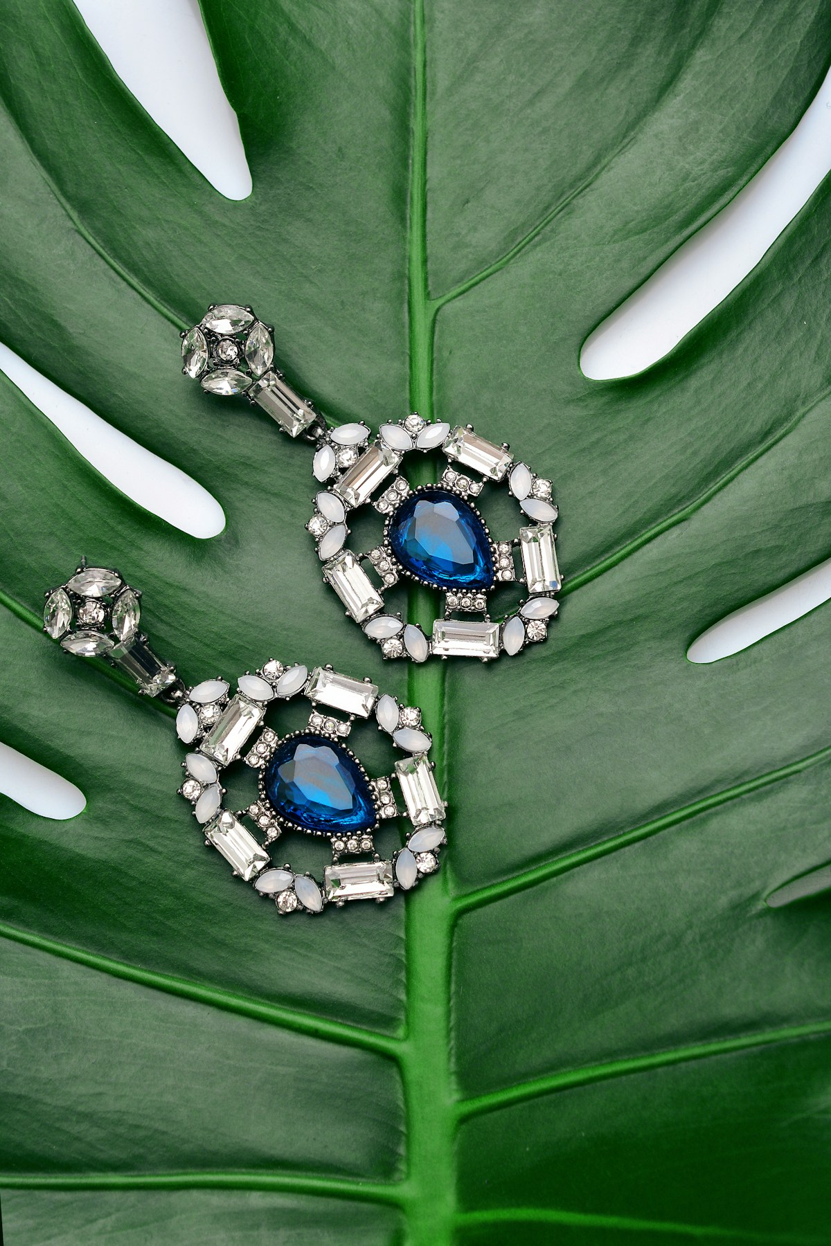 Close product photograph of blue and crystal jewelry on a green leaf