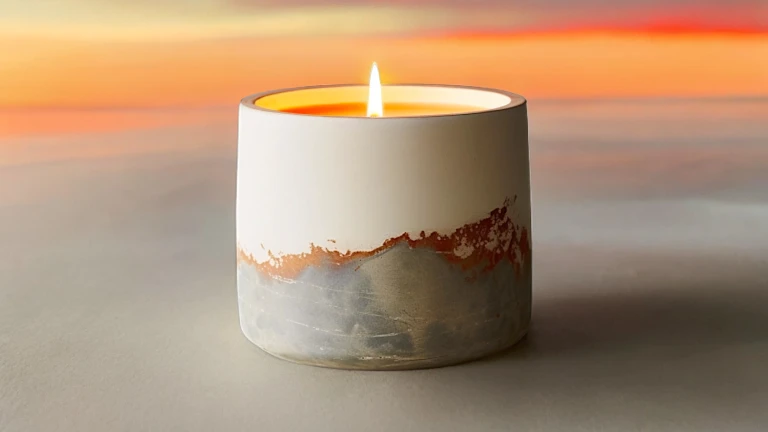 Candle product in a warm generated sunset background
