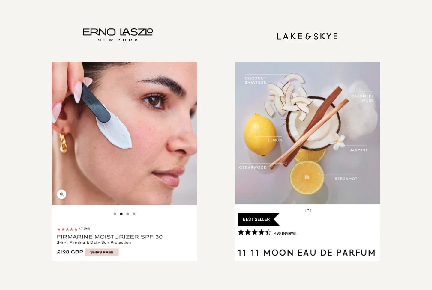 Beauty product detail page examples from Erno Laszlo and Lake & Skye