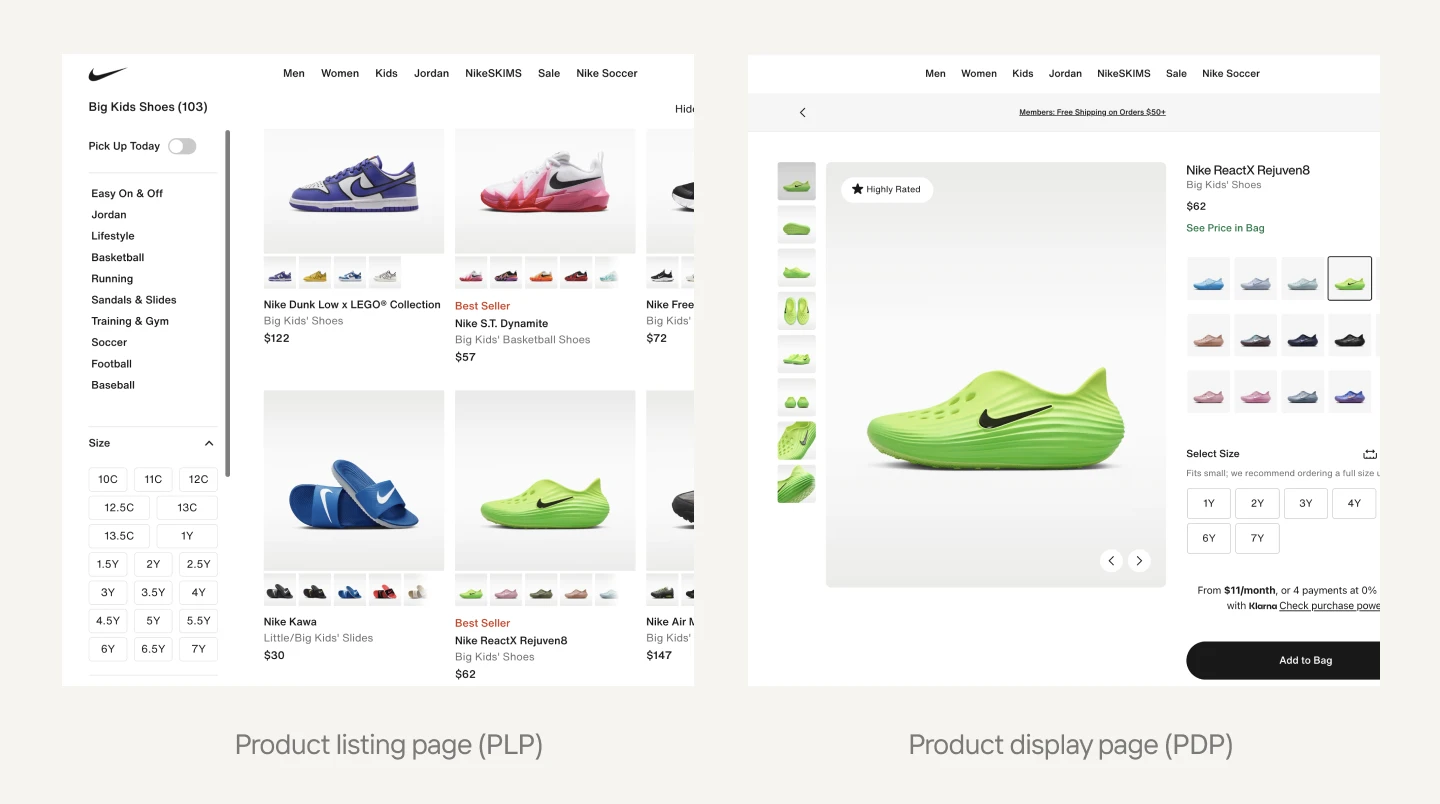 Comparison of a product listing page and a product detail page