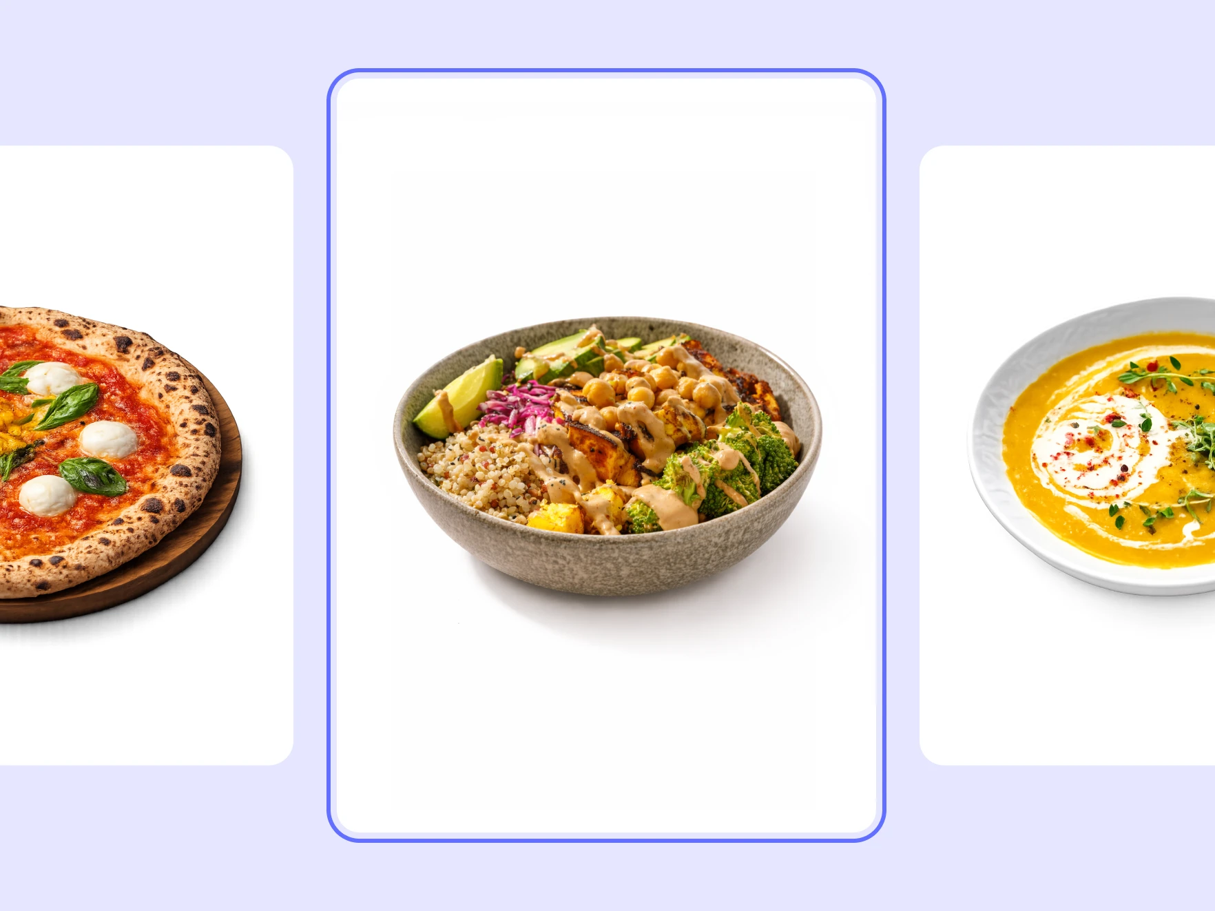 Food product image set showing pizza, a grain bowl, and soup on white backgrounds