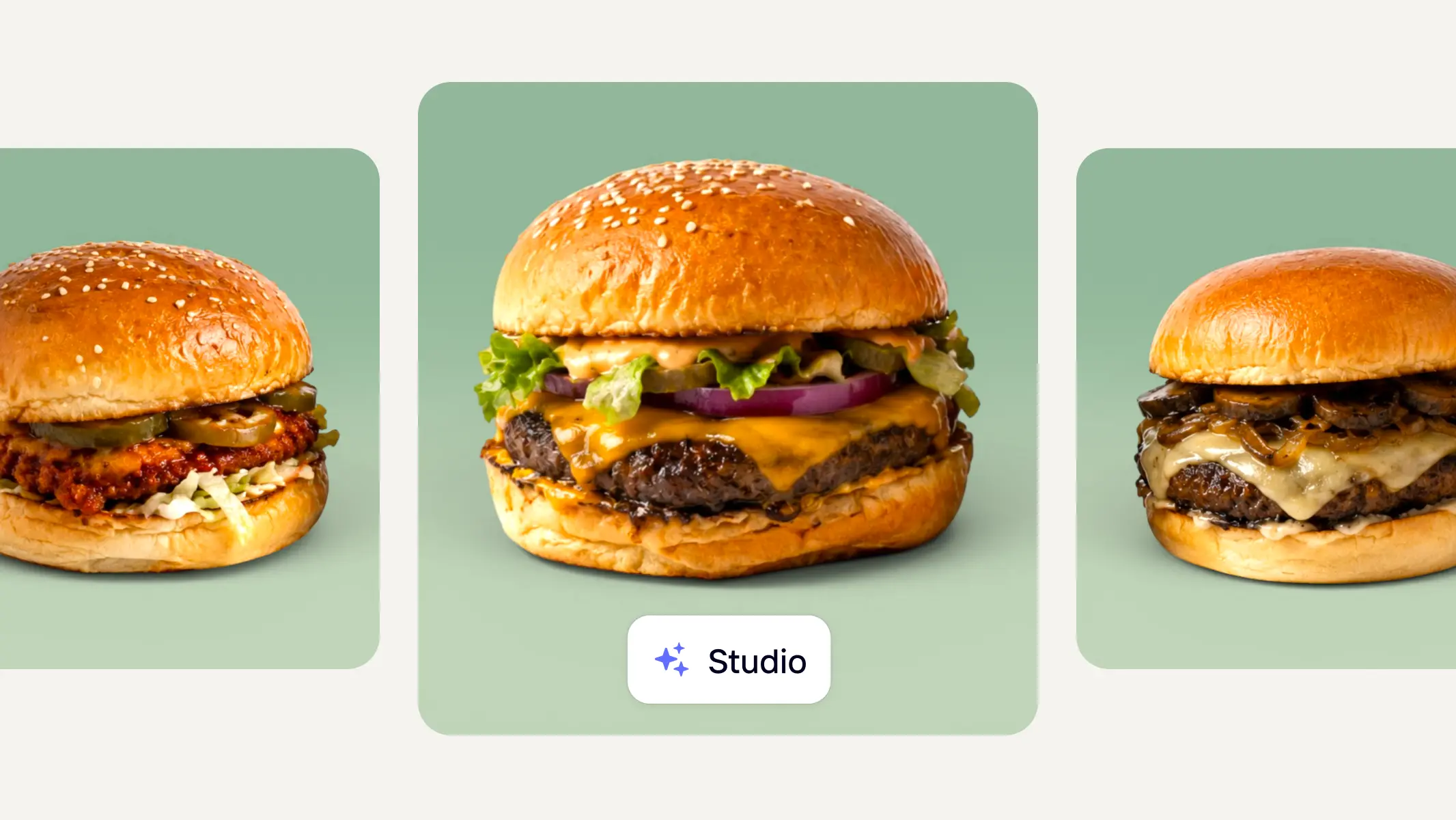 Burger product photos shown in a consistent food image set